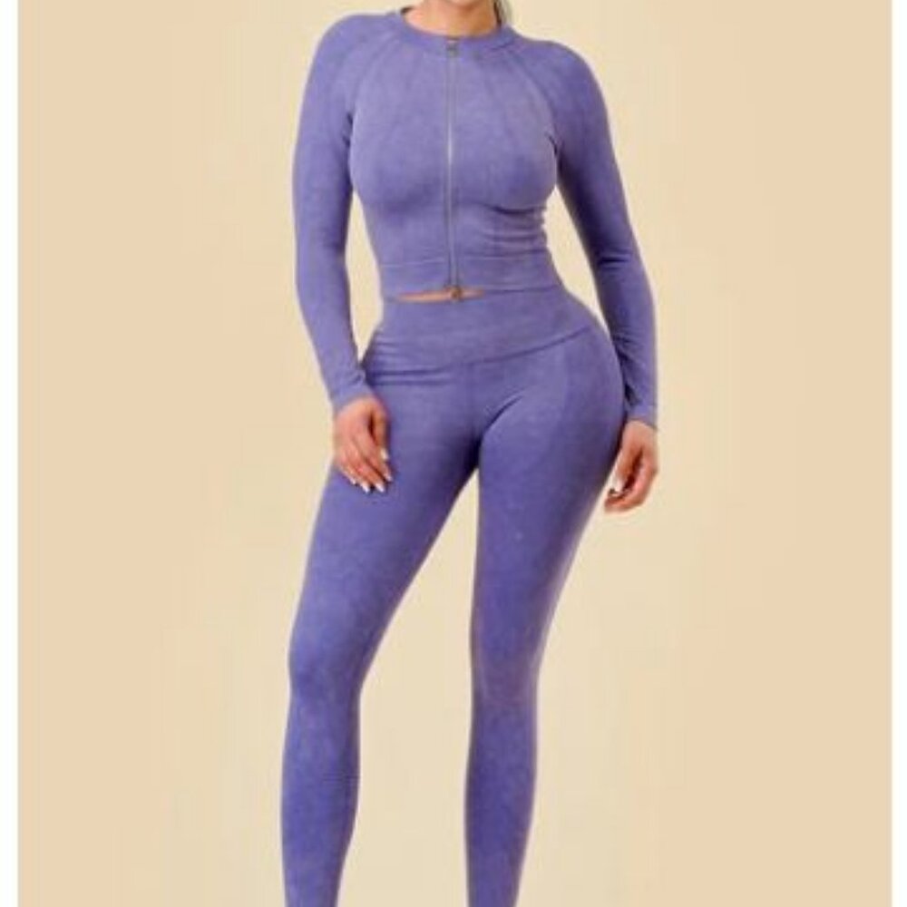 Mineral Wash Double Zipper 2-Piece Activewear Set in Purple